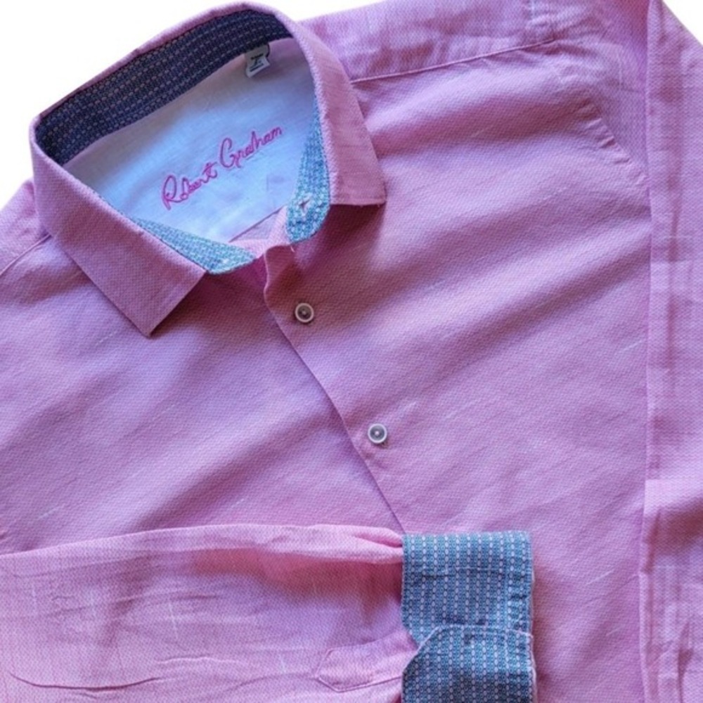 Robert Graham Mens Pink Classic Fit Linen Cotton Blend Button Down Shirt L